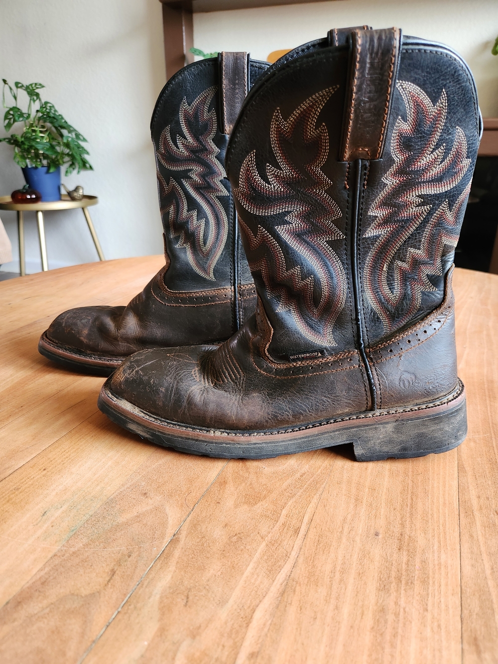 Wolverine Brown Leather Cowboy Work Boots with Embroidered Shaft